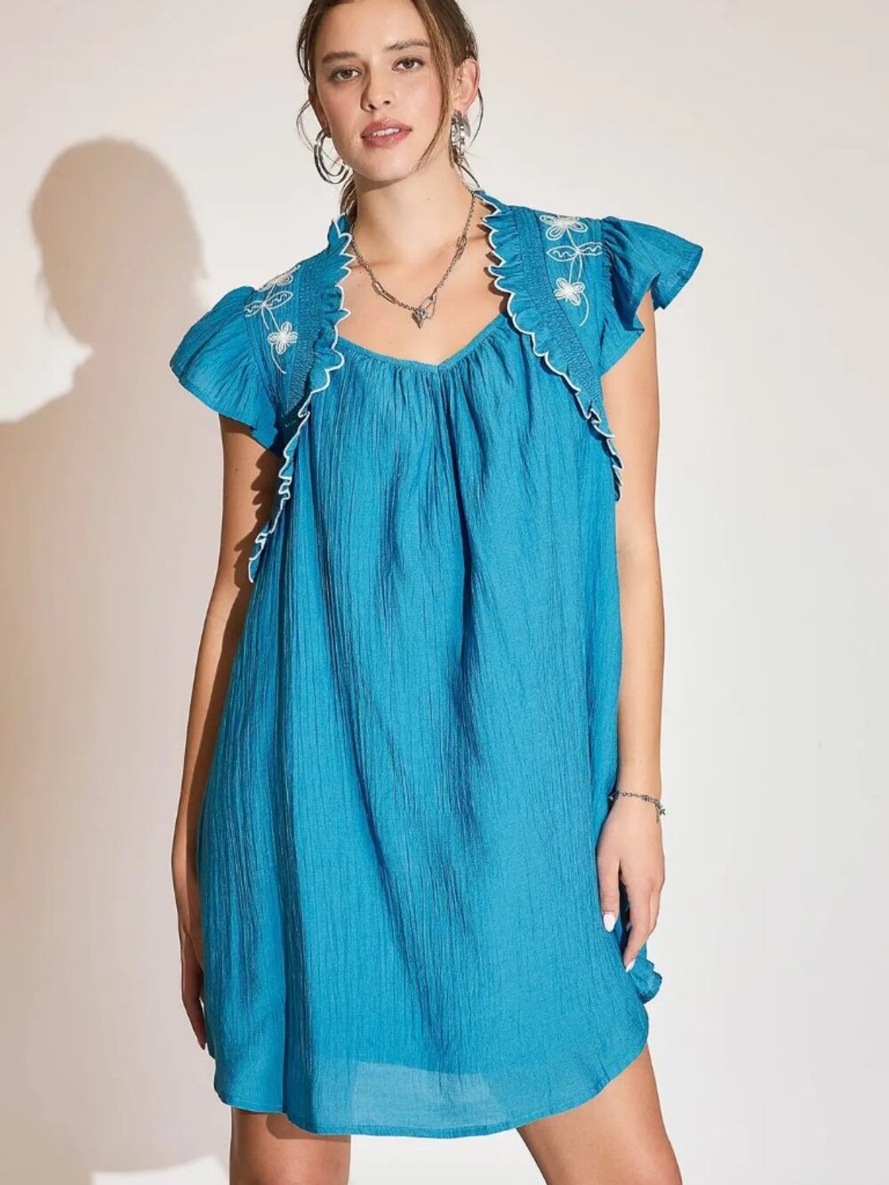 B71 Boho Chic Embroidered Ruffle Dress in Blue NEW
